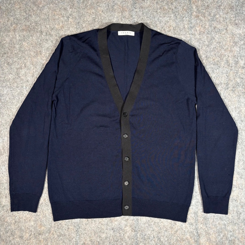 Sandro Paris Merino Wool Cardigan Mens S Navy G0093S DISTRESSED Condition READ